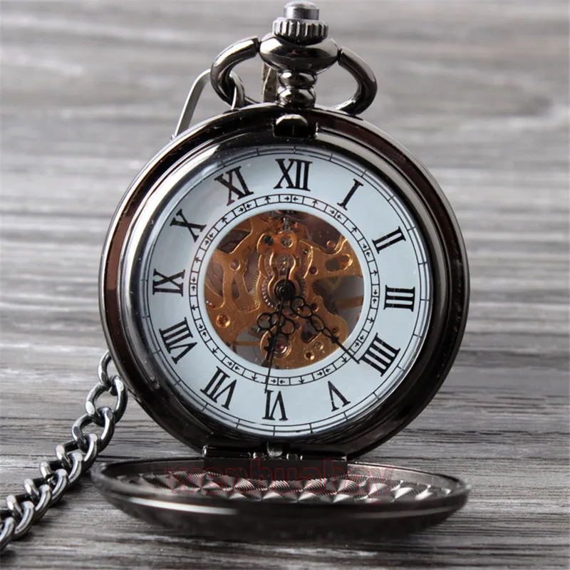 Goedkoop Vintage Black Mechanisch Zakhorloge Mens Classic Elegant Hollow Skeleton Hand wind Retro Mannelijke Klok Hanger Fob Horloges