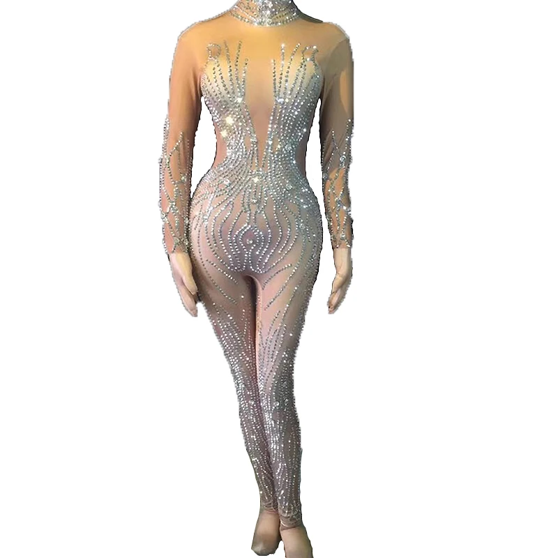 

Sparkly Rhinestone Mesh Jumpsuits Women's Evening Party Jumpsuits Birthday Celebrate Costume Female Singer Stage Show Jumps