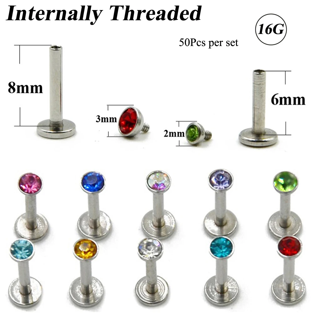 

50Pcs Stainless Steel Internally Thread Flat CZ Gem Labret Lip Piercing Stud Ring Monroe Body Jewelry Retainers Mixed Gem 16g