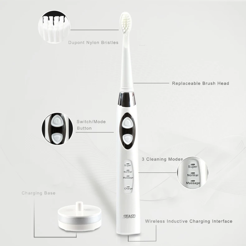 SEAGO электрическая зубная щетка автоматическая зубная щетка с таймером звуковая волна щетки головки электрическая зубная щетка отбеливающая