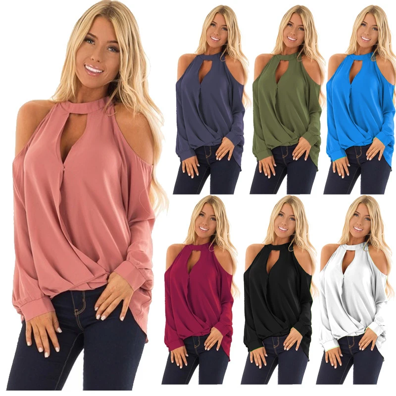 

Sexy Pleated Sexy Off-Shoulder Halter Button Long Sleeve Women T-Shirt Solid Summer Tops Tee Shirt Femme