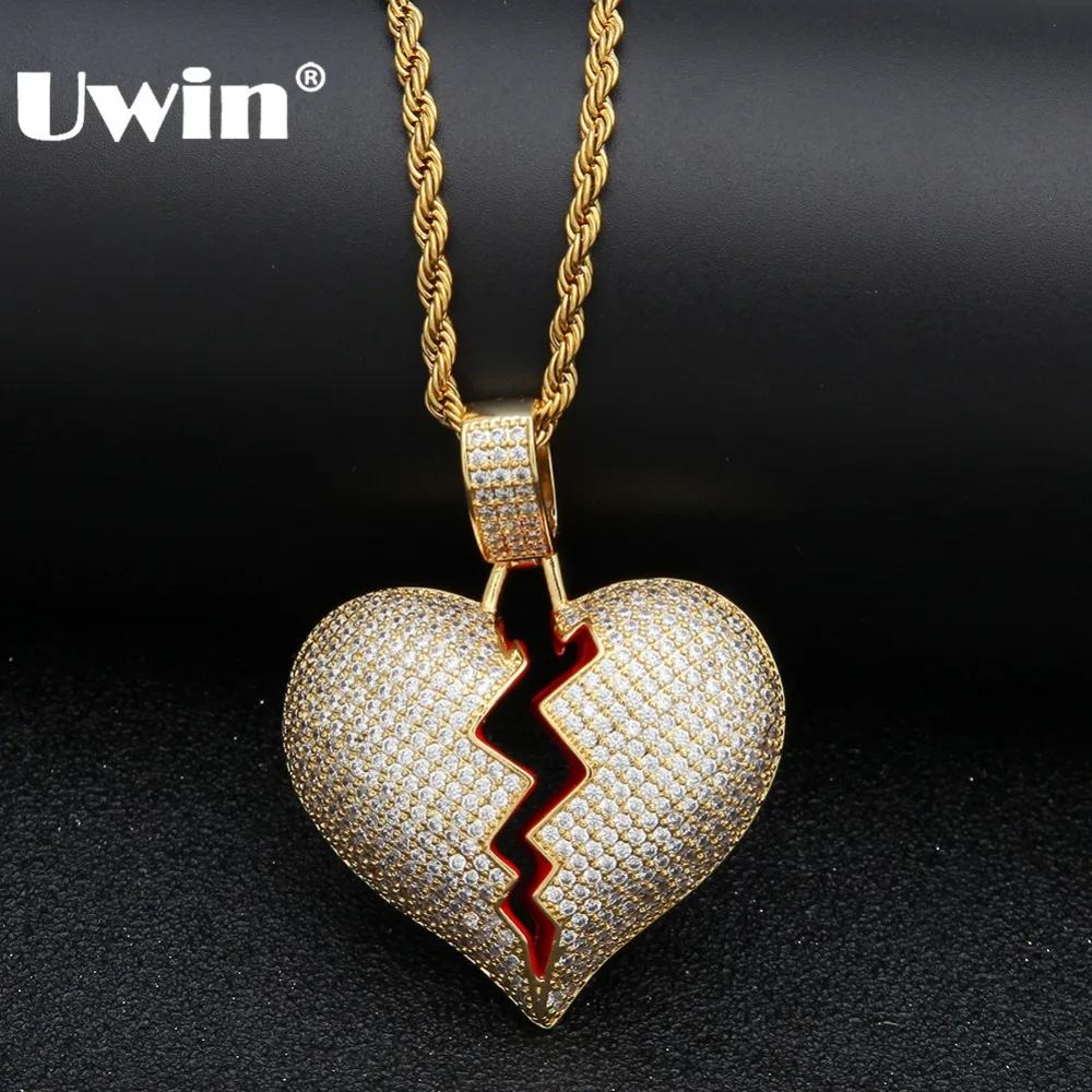 Kopen Uwin Iced Out Brak Hart Ketting Hanger Zirconia Goud Zilver Kleur Met Touw Ketting Hiphop Sieraden Geschenken Voor Mannen vrouwen