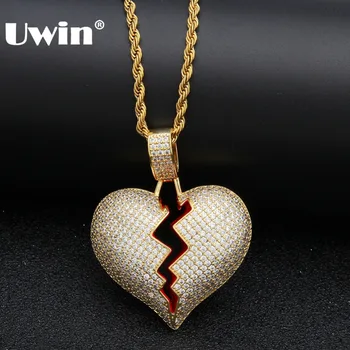 

Uwin Iced Out Broke Heart Necklace Pendant Cubic Zirconia Gold Silver Color With Rope Chain Hiphop Jewelry Gifts For Men Women