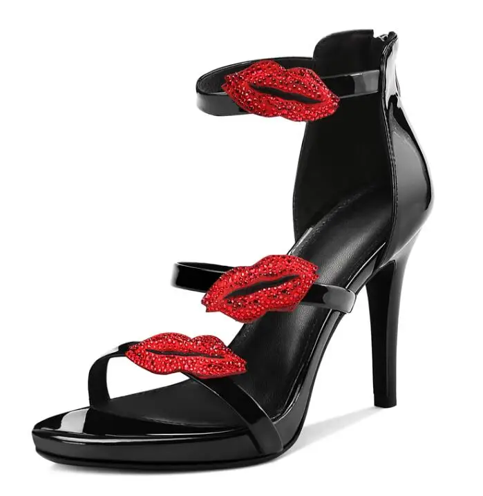 Арден фуртадо Лето модная женская обувь на шпильке на молнии красный чехол с изображением губ Босоножки на платформе пикантные элегантные вечерние туфли - Цвет: black