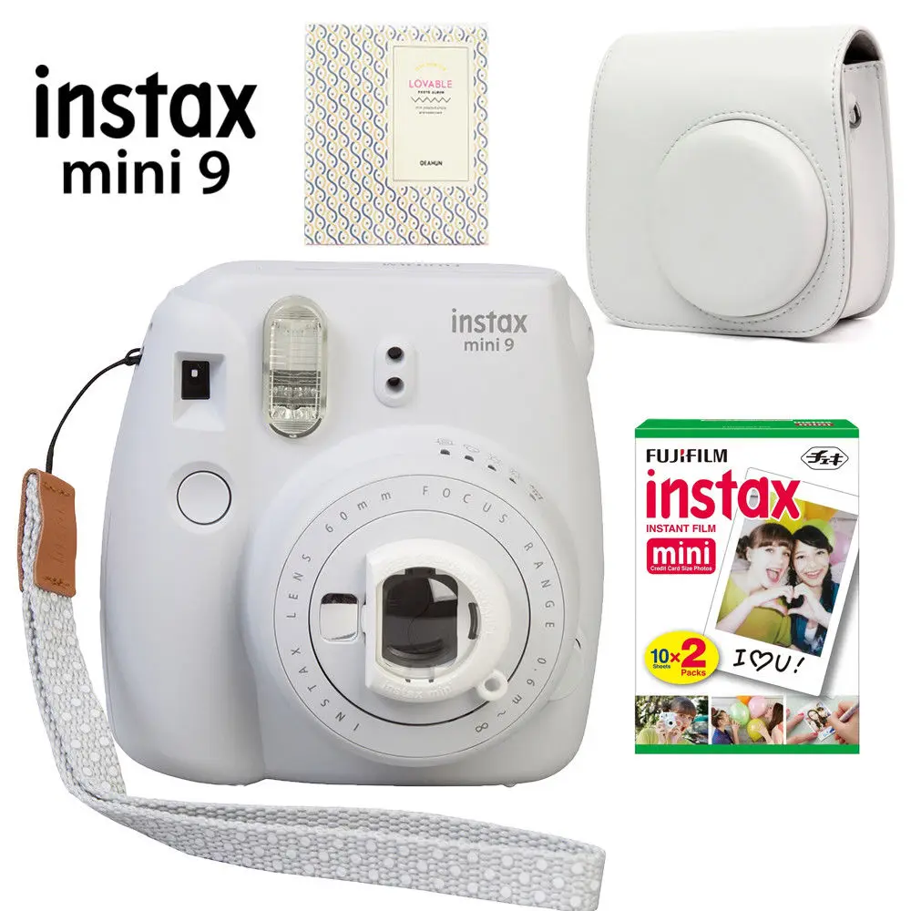 Новая дымчато-белая фотокамера Fujifilm Instax Mini 9+ 20 снимков мини-пленка с 8 белыми краями+ сумка из искусственной кожи+ 64 карманный альбом