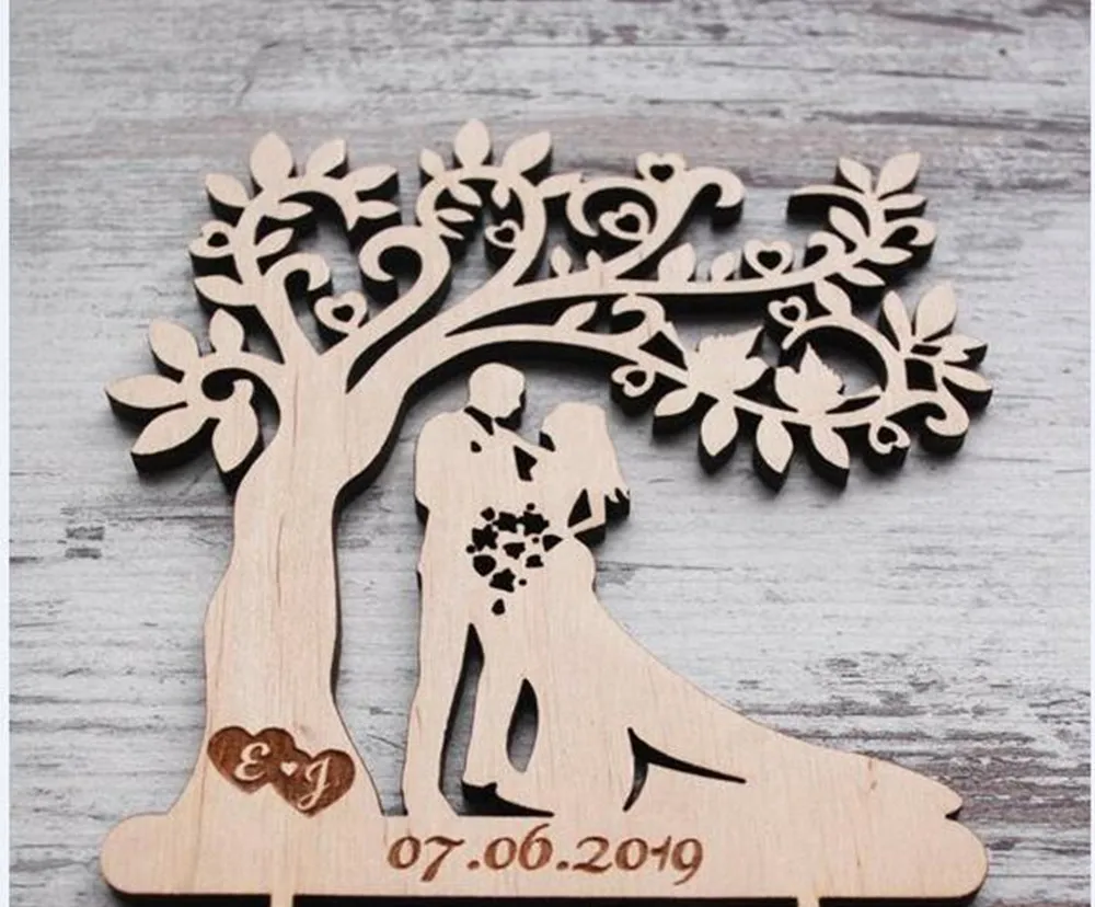 Пользовательские пару имена с датой торт Топпер, деревянный brial жених и узор деревянные украшения топперы вечерние события вечерние поставки