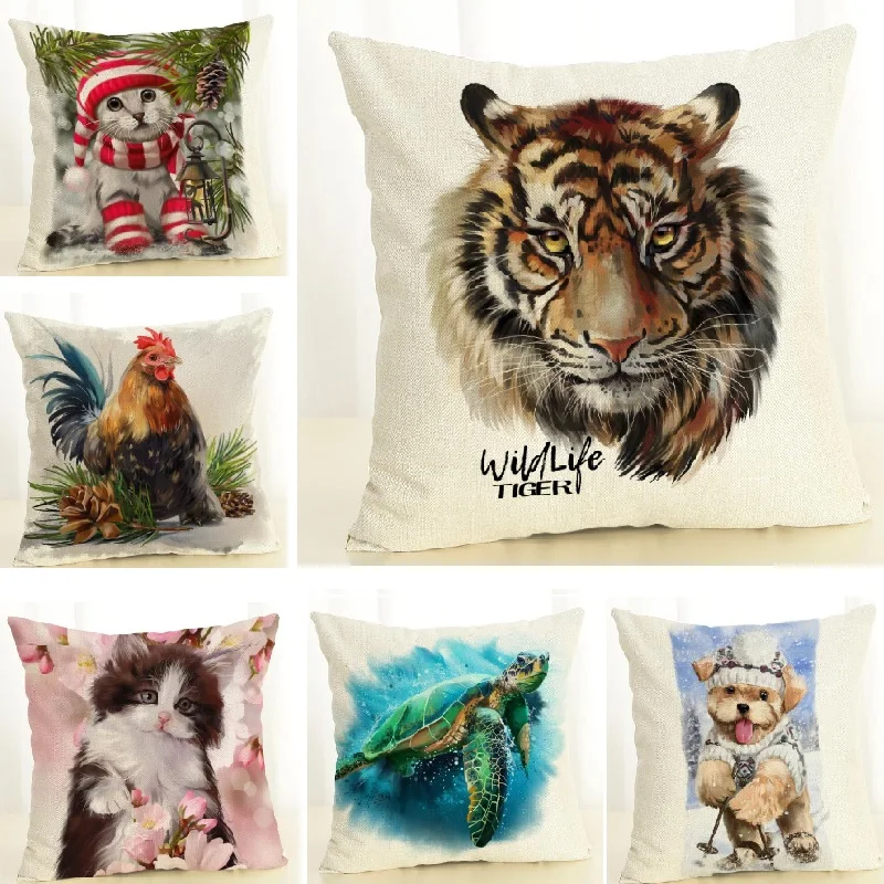 Animals Cushion Cover Tiger Printed Pillow Cover Linen Decorative Car Sofa Throw Pillows Home Decoration Pillow Case 4545cm