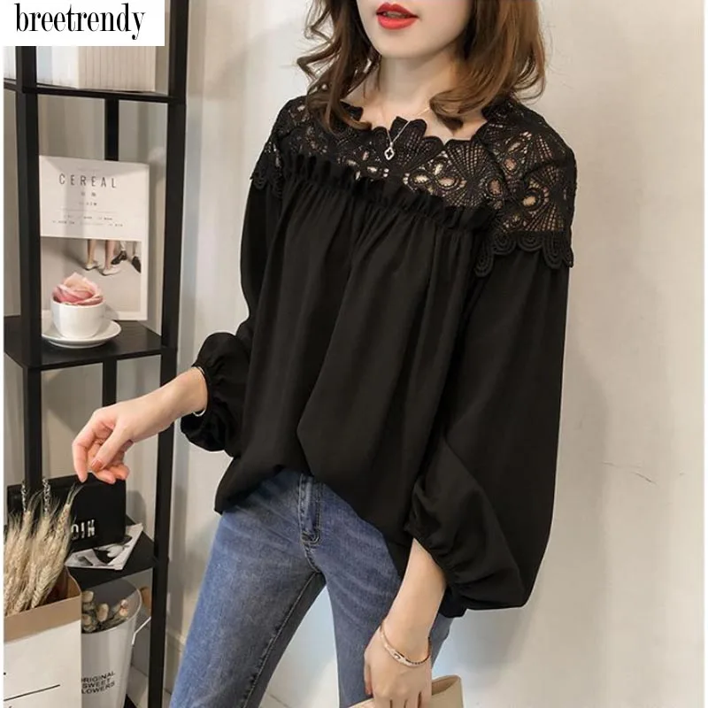 En Mousseline as Crochet Solide Patchwork Noir Noir Blouse De Couleur Picture O Blusas 2018 Tops Soie Floral Blanc Nouveau Cou Femmes Blouses xw0n80