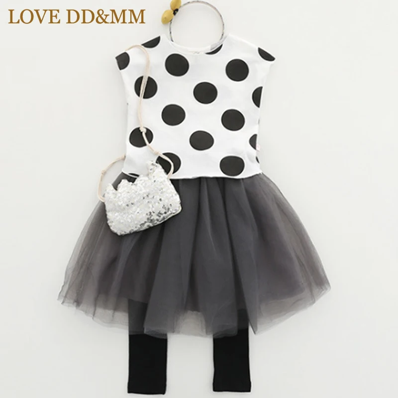 Комплекты одежды для девочек с надписью LOVE DD& MM, новая детская одежда, футболка без рукавов в горошек+ юбка из двух предметов с фальш-вставкой, комплект из двух предметов