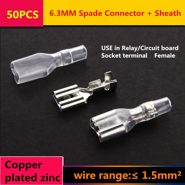 

50PCS/LOT T003 Crimp Terminal 6.3MM Spade Connector + Sheath splice pressed terminals Connecting terminal Copper plated zinc