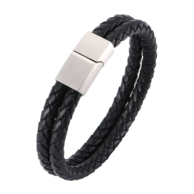 

Simple Jewelry of Men Double Leather Bracelet Fashion Jewelry Charms Stainless Steel Magnetic Clasp Bangles Gifts BB0033