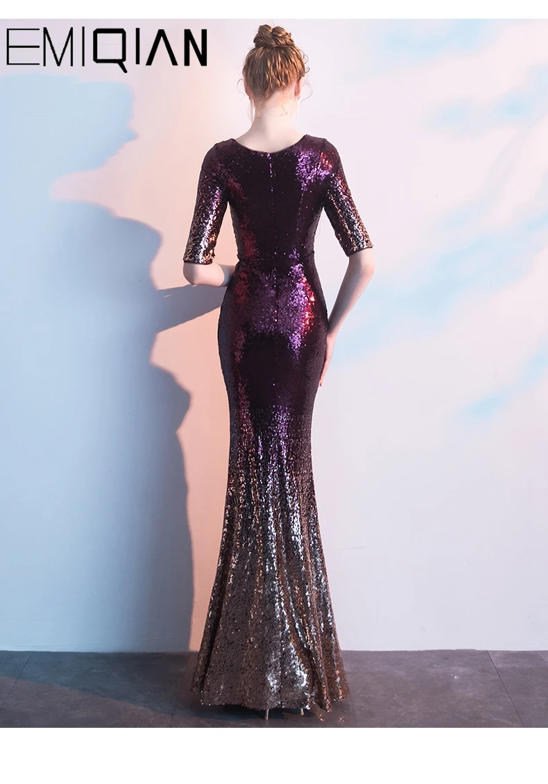 Robe De Soiree/ фиолетовое длинное вечернее платье Русалка с круглым вырезом, с коротким рукавом, с блестками, вечернее платье для свадьбы