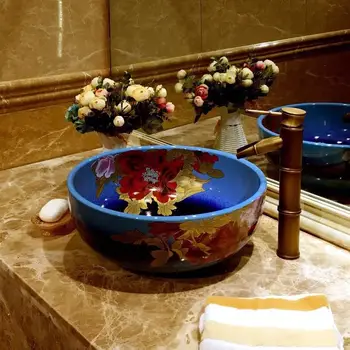 

Hand painted big flower bathroom art ceramic porcelain hand wash face basin sink