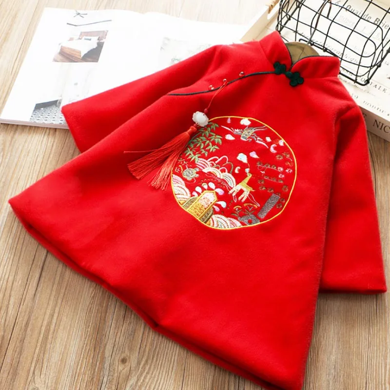 

New Winter Girls Princess Dress Cute Chinese Style Children Warm Embroidery Fashion Thick Dress Baby Full Sleeve Festive Dress
