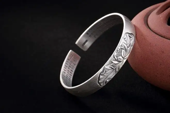 

JOOCHEER Sterling S999 999 silver Bangle Buddhist sutras flower vintage opening bracelet Chinese characters