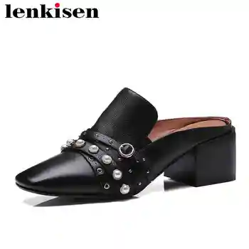 

Lenkisen mules slip on solid metal buckle rivet pointed toe med heels cozy wedding movie stars women natural leather sandals L68