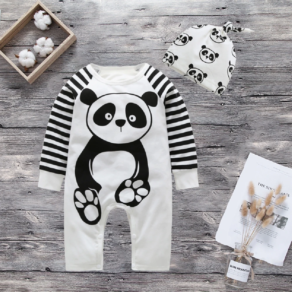 

Lovely Panda Print Striped Long-sleeve Jumpsuit and Hat Set for Baby