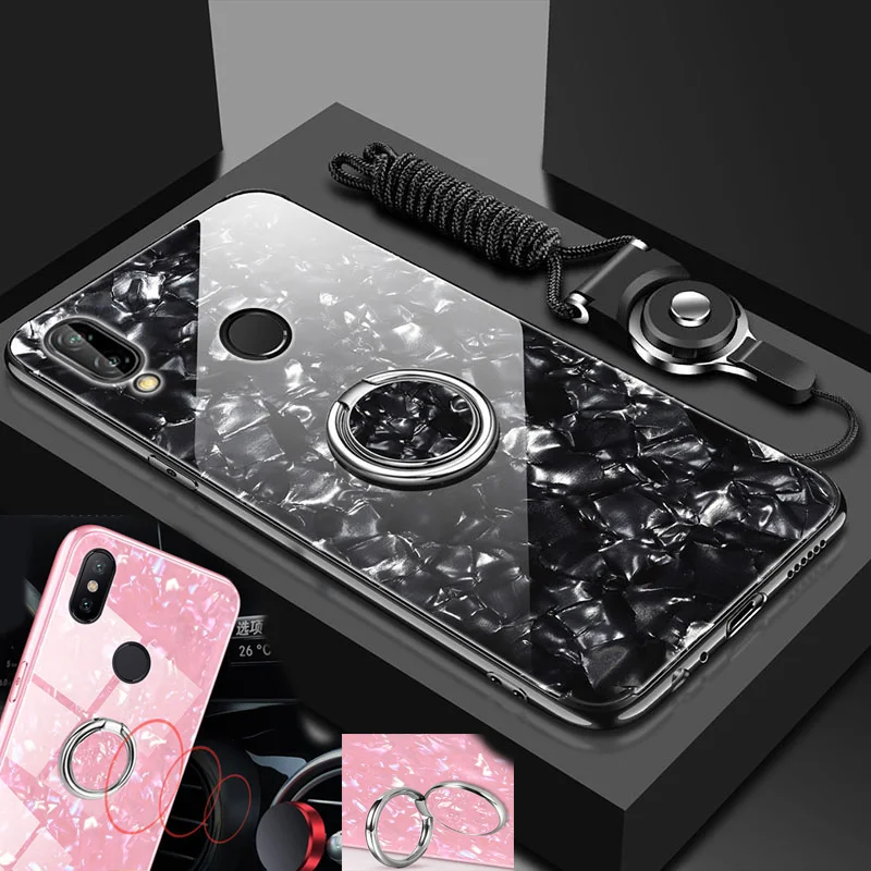 

Magnetic car holder Phone Case for Huawei P20 lite Tempered Glass + soft silicone edge Case for huawei p20pro Cover ring rope