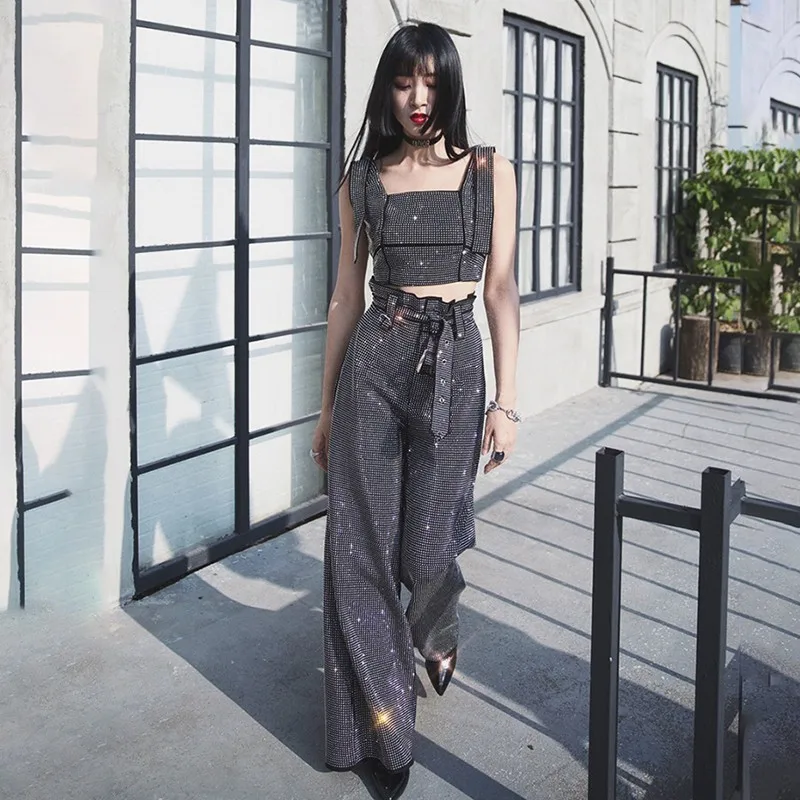

[EWQ]2019 Autumn New High Quality Set Square Collar Wrapped Sexy Trendy Camisole Sequined Straight Casual Long Pants Women QJ781