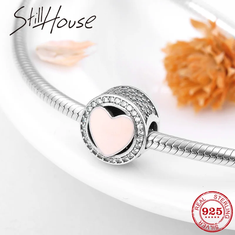 

Valentine's Day Gift Fashion Pink Enamel 925 Sterling Silver Circle CZ beads Charms fit Original Pandora Charm Bracelets making