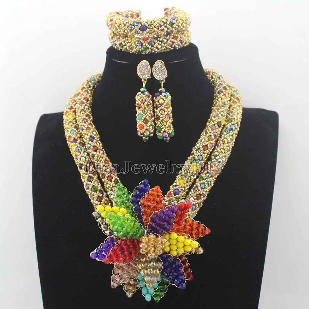Masquerade African Jewelry Sets Nigerian Colorful Crystal Flower