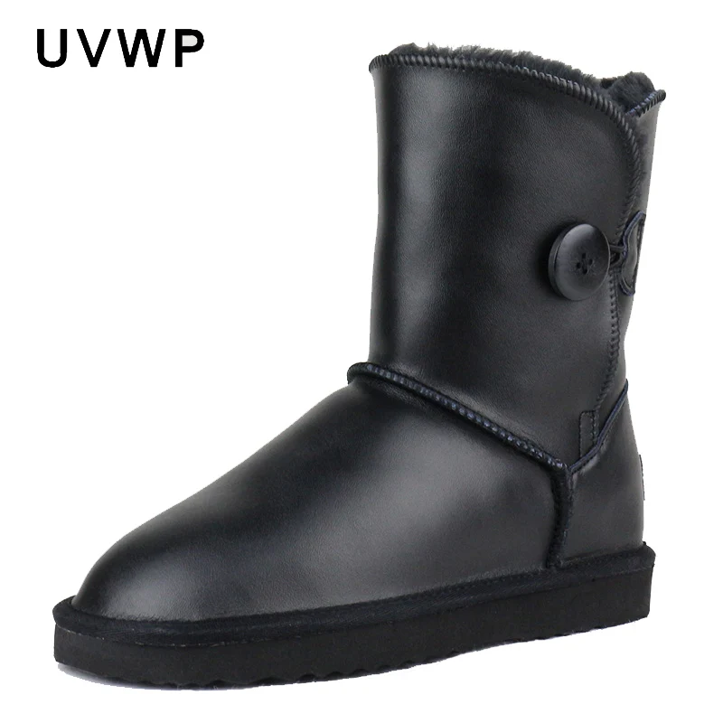 

Free Shipping Genuine Cowhide Leather Snow Boots Waterproof Warm Winter Boots with Button Woman Boots Shoes Classic Mujer Botas
