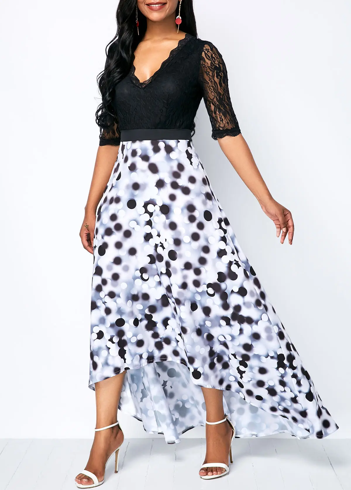 Sakazy Irregular Dress Casual A-line Dot Half None Mid-calf Regular Empire V-neck Autumn Women 2021 New style | Женская одежда