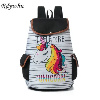 

Rdywbu Colorful Unicorn Cartoon Printed Drawstring Backpack Female Cute Striped Canvas Travel Rucksack For Girls School Bag B667