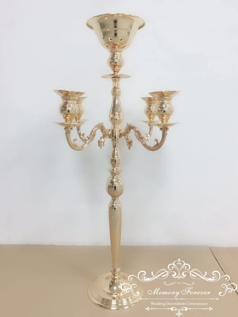 Wedding Metal Tall Candelabra with Flower Bowl for Table Decoration Gold Candlestick Marriage