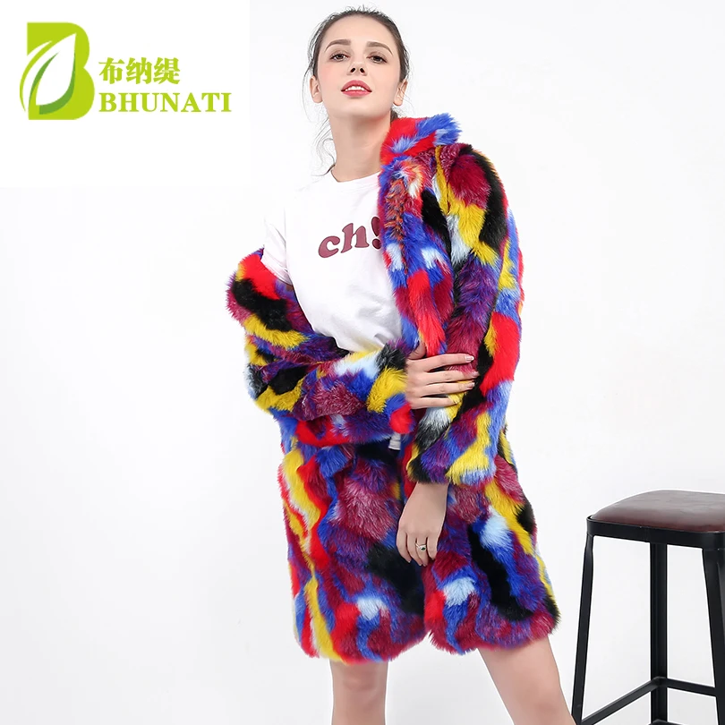 BHUNATI NEW Faux Fur Coats Colorful Jackets Women Winter Rabbit Fur Long Overcoat Soft Warm Rainbow Color Outerwear Female