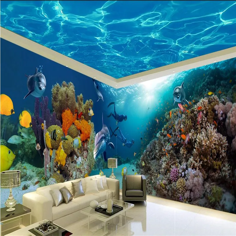 

beibehang wallpaper underwater world dolphin coral background modern European art mural living room painting home decoration