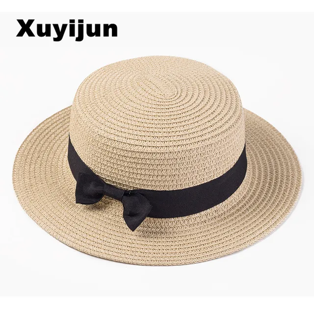 Women sun hat Ribbon Round Flat Top Straw beach hat