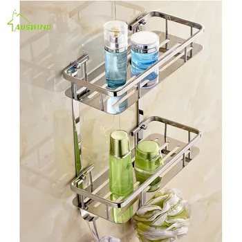 

304 Stainless Steel Basket Rack Square Toilet Bathroom Storage Chrome Finish Bathroom Shelves 2 Layers Bathroom Accessories