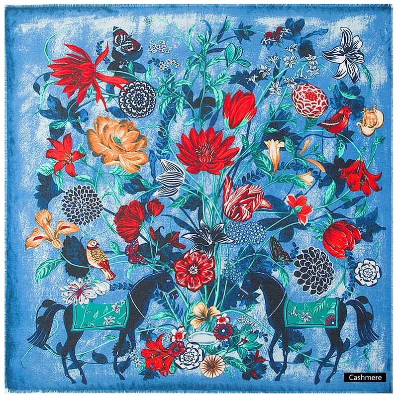 POBING Luxury Brand Winter Scarf Cashmere Square Scarves Spain Horse Rose Flower Print NecKerchief Women Shawls Wrap Hijab 130CM POBING Luxury Brand Winter Scarf Cashmere Square Scarves Spain Horse Rose Flower Print NecKerchief Women Shawls Wrap Hijab 130CM