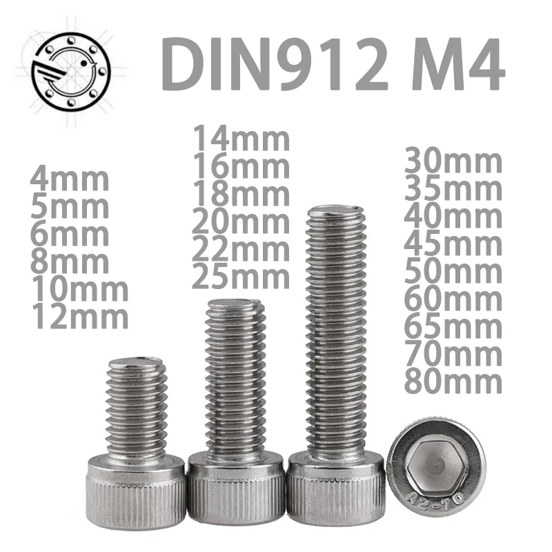 Metric Thread DIN912 M4 304 Stainless Steel Hex Socket Head Cap Screw Bolts M4*(4/5/6/8/10/12/14/16/18/20/22/25/30/35/40/45/50) Metric Thread DIN912 M4 304 Stainless Steel Hex Socket Head Cap Screw Bolts M4*(4/5/6/8/10/12/14/16/18/20/22/25/30/35/40/45/50)