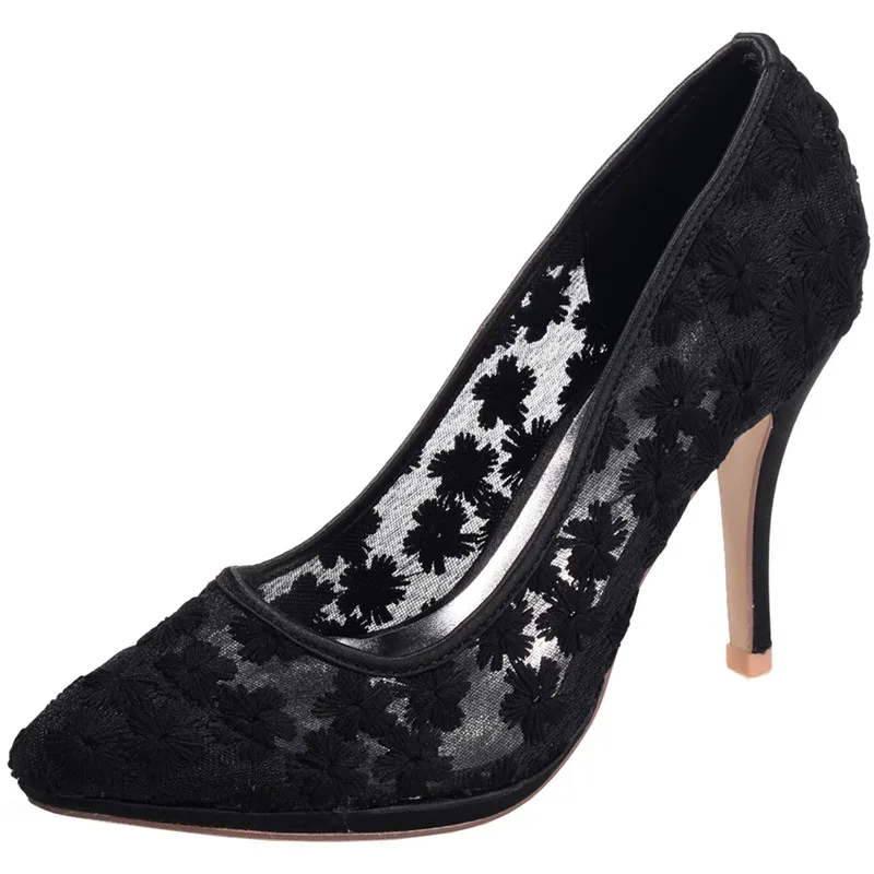 

LOSLANDIFEN Women Floral Lace Wedding Shoes 8CM High Heels Pointed Toe Bridal Shoes Shallow Cut Slip-on Pumps