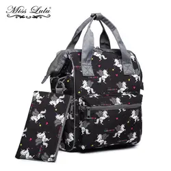 Мисс Лулу 2 шт. Для женщин рюкзаки школьные сумки для подростков для мальчиков и девочек с единорогом Путешествия Рюкзак черный LB6896