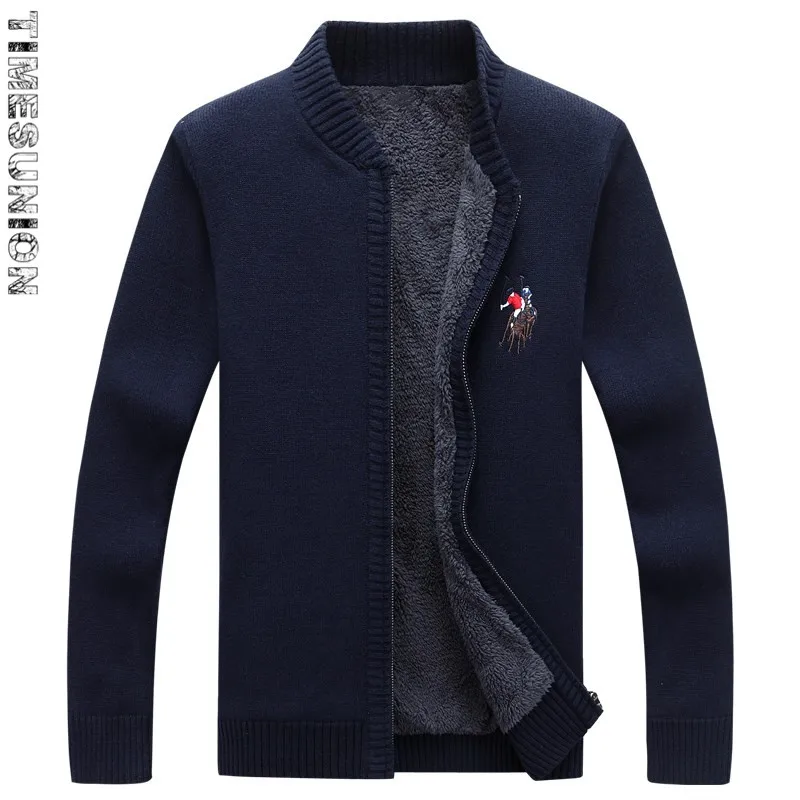 Keep Warm Sweater Men Winter Warm Thick Velvet Sweatercoat Zipper Casual Cardigan Embroidery Men Sweaters Pattern Knitwear - Цвет: Dark blue