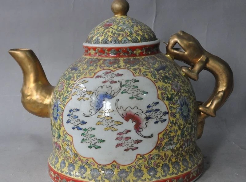 

13" chinese wucai Glaze porcelain flower beast Handle statue Wine Tea Pot Flagon