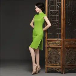 Зеленый кружево воротник стойка по колено платье Китайский традиционный стиль Cheongsam элегантный для женщин ручной работы и пуговицы M-3XL