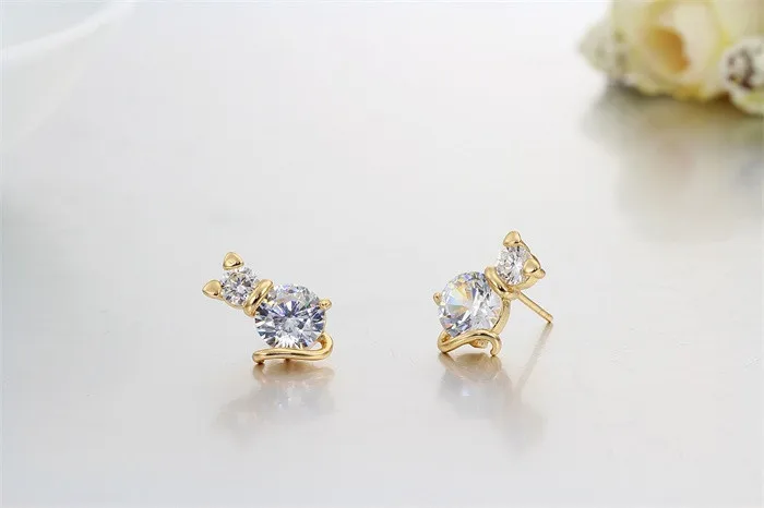 Yellow Gold Color Cute Cat Kitty Clear Zircon Anti-Allergic Piercing Stud Earrings for Women Children Girls Kids Jewelry Aros