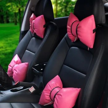 

Cute Bowknot PU Leather Car Neck Pillow Waist Support Pillows Auto Safety Seat Headrest Cover Pink Red Car Accessories for Girls
