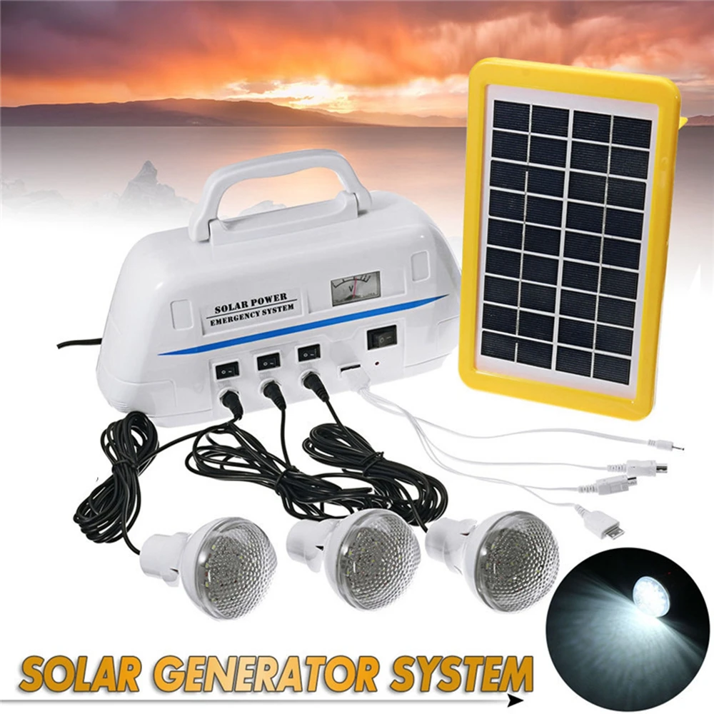 

Solar Powered Outdoor Camping Portable Solar Generator System With LED Light Bulbs Emergency Light Hand Hiking Lighting