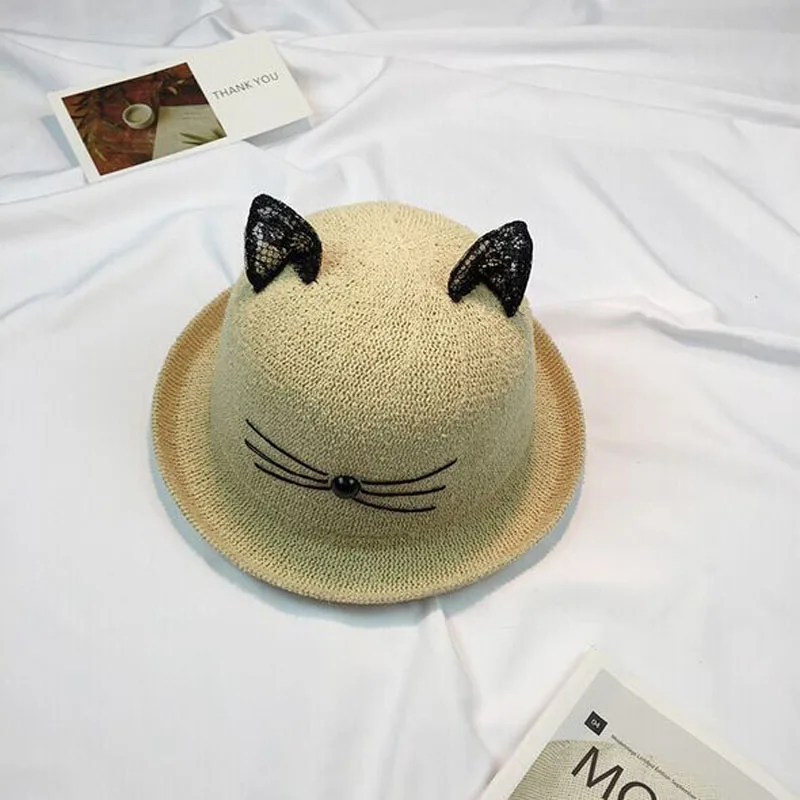 Новинка, Женская кружевная соломенная шляпа с кошачьими ушками, летнее украшение для взрослых, милая пляжная кепка для женщин, одноцветная Солнцезащитная шляпа для девушек