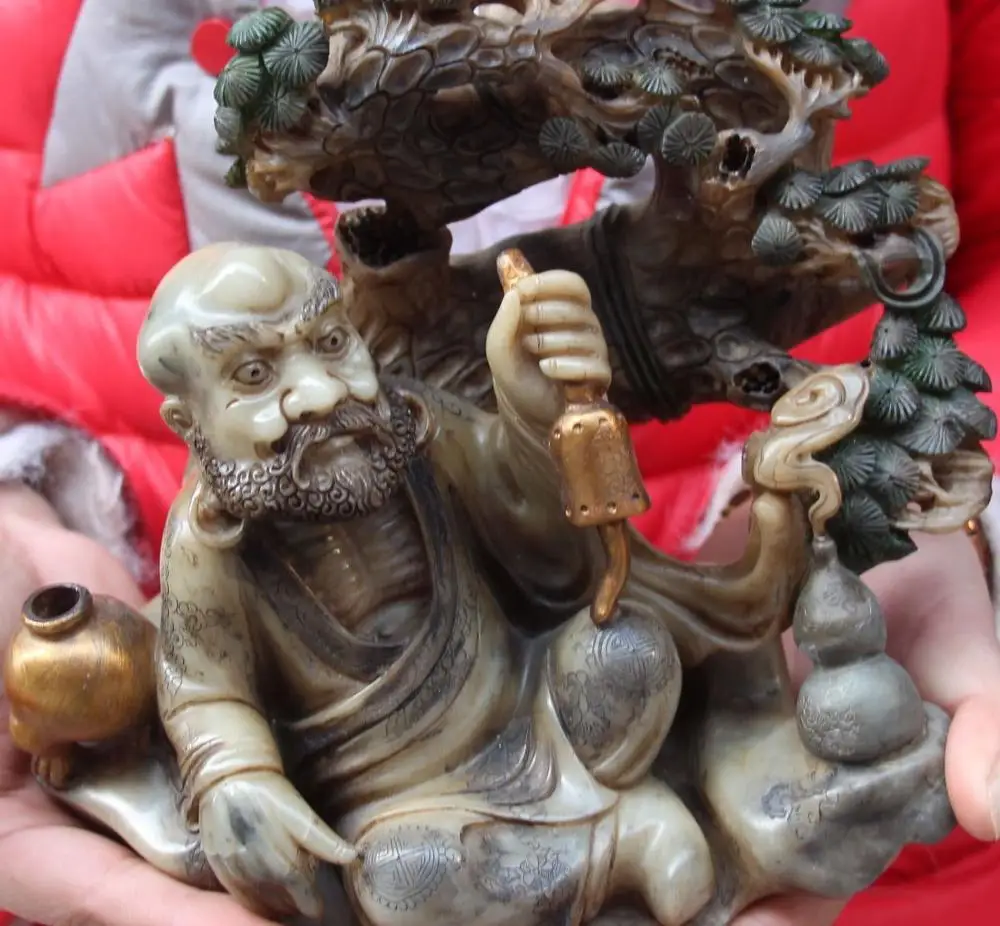 

Top Value Natural Shoushan Stone Gold Damo Arhat Buddha Vase Bell Tree Statue