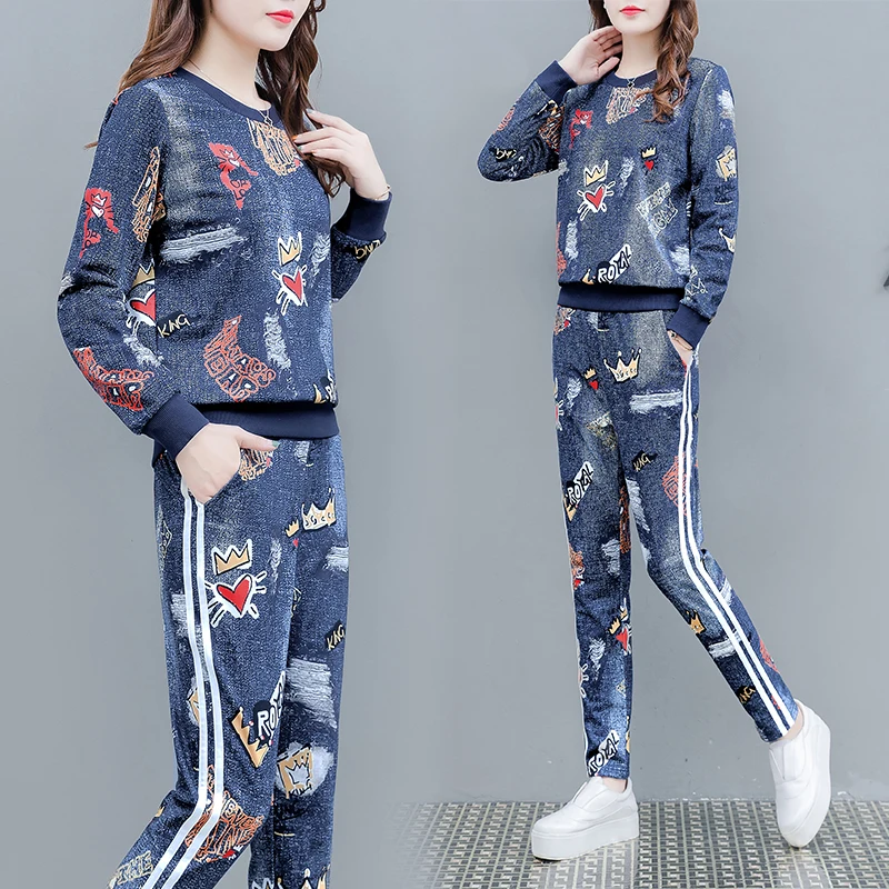 

Tracksuit For Women Casual Denim Suit Female Autumn Print Two Piece Set 2019 New Fashion Loose Sportswear Casual Set Plus Size