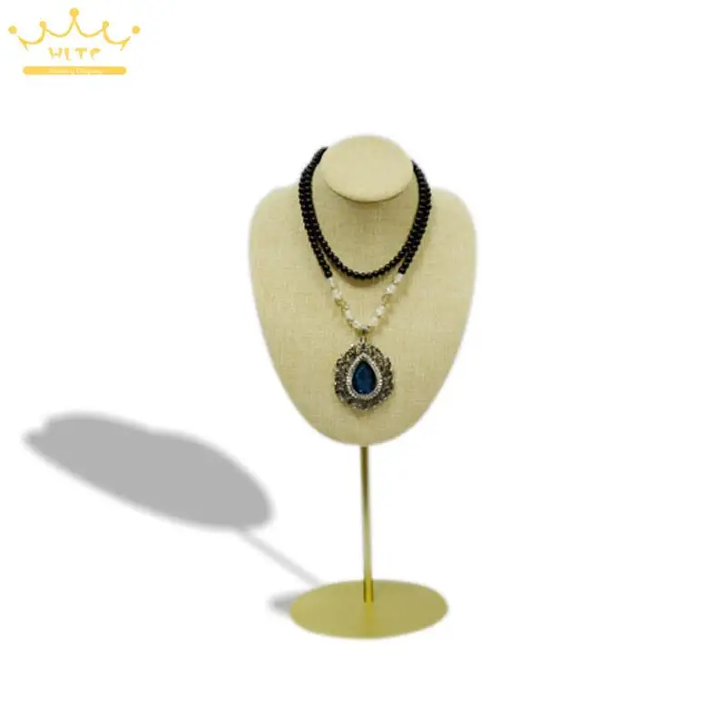 

Stainless Steel Necklace Stand 50cm Jewelry Rack With Beige Linen Adjustable Mannequin Pendant Bead Chain Stand Holder Show
