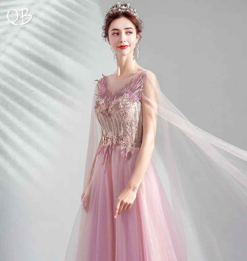 A-line Cape Tulle Flowers Appliques Beaded Sexy Elegant Pink Evening Dresses Bride Banquet Party Prom Dress XK25 A-line Cape Tulle Flowers Appliques Beaded Sexy Elegant Pink Evening Dresses Bride Banquet Party Prom Dress XK25