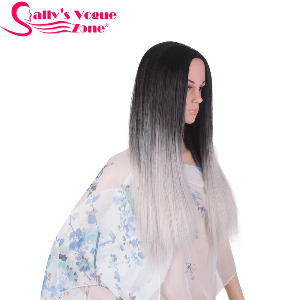 Sallyhair Ombre черный серебристый серый цвет длинные прямые парики 24 дюймов термостойкие для женщин волосы синтетические парики