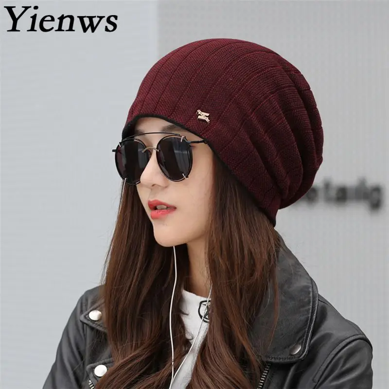 

Yienws Bonnet Femme Autum Beanies Hats for Women Casual Knitted Hats Female Burgundy Winter Cap Ladies Gray YIC682